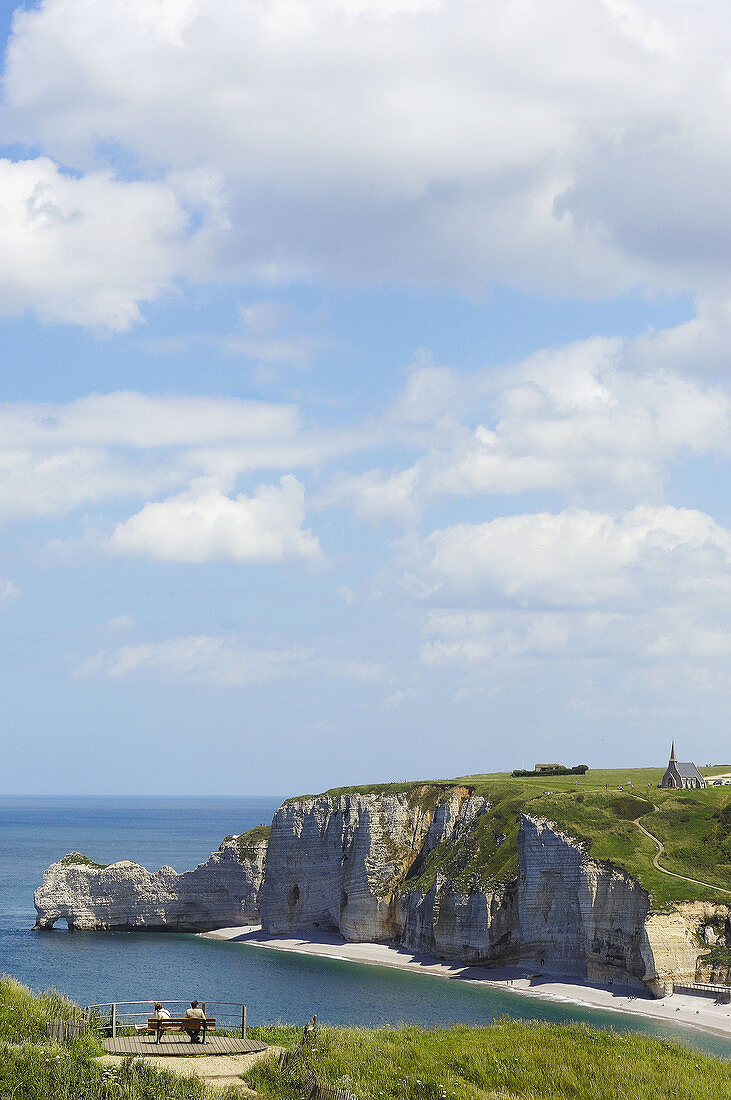 Porte d´Amont cliff and Notre Dame de la Garde church,  Etretat. Seine-Maritime,  Haute-Normandie,  France