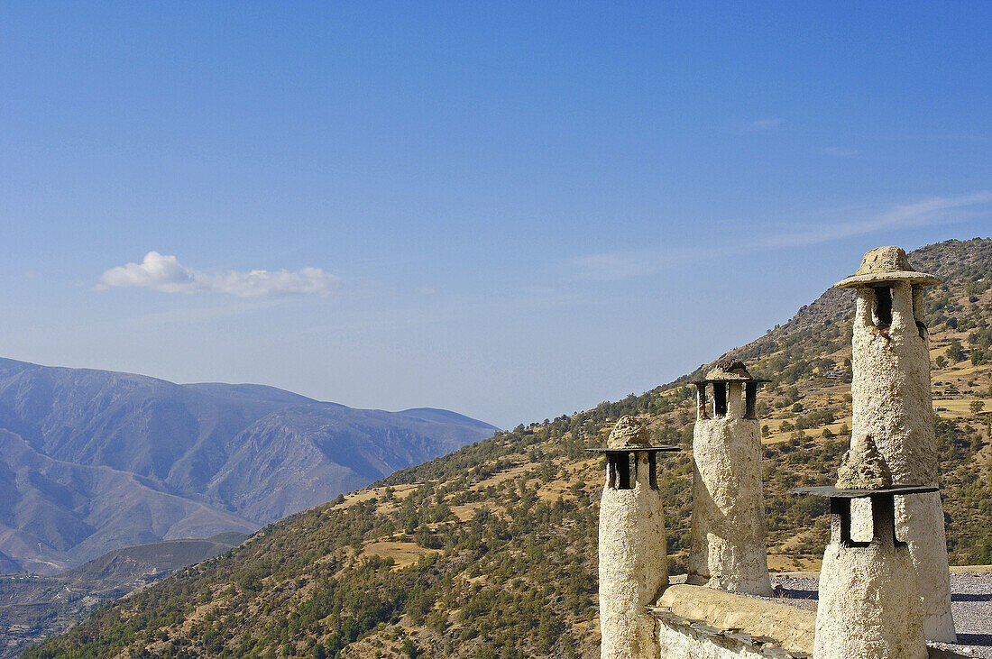 Typical roof with chimneys Bubion,  Alpujarras Granada province,  Andalusia,  Spain