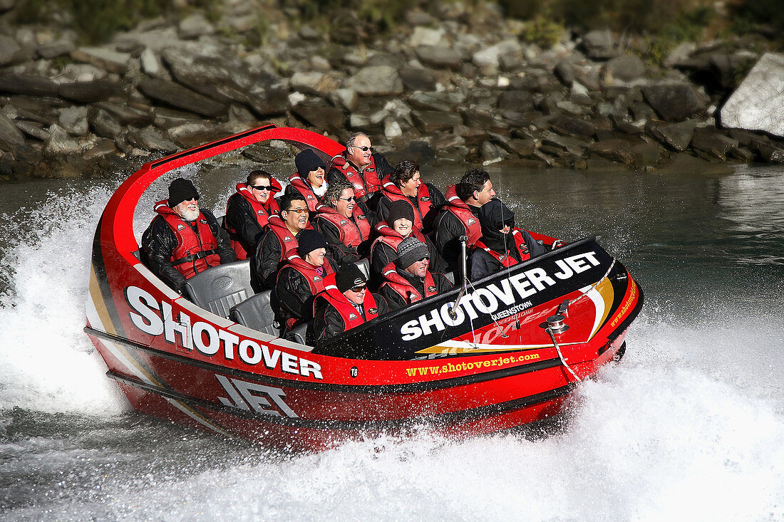 The Shotover River jetboat,  passes through the canyon walls of the shotover River,  Queenstown,  Otago,  South Island,  New Zealand