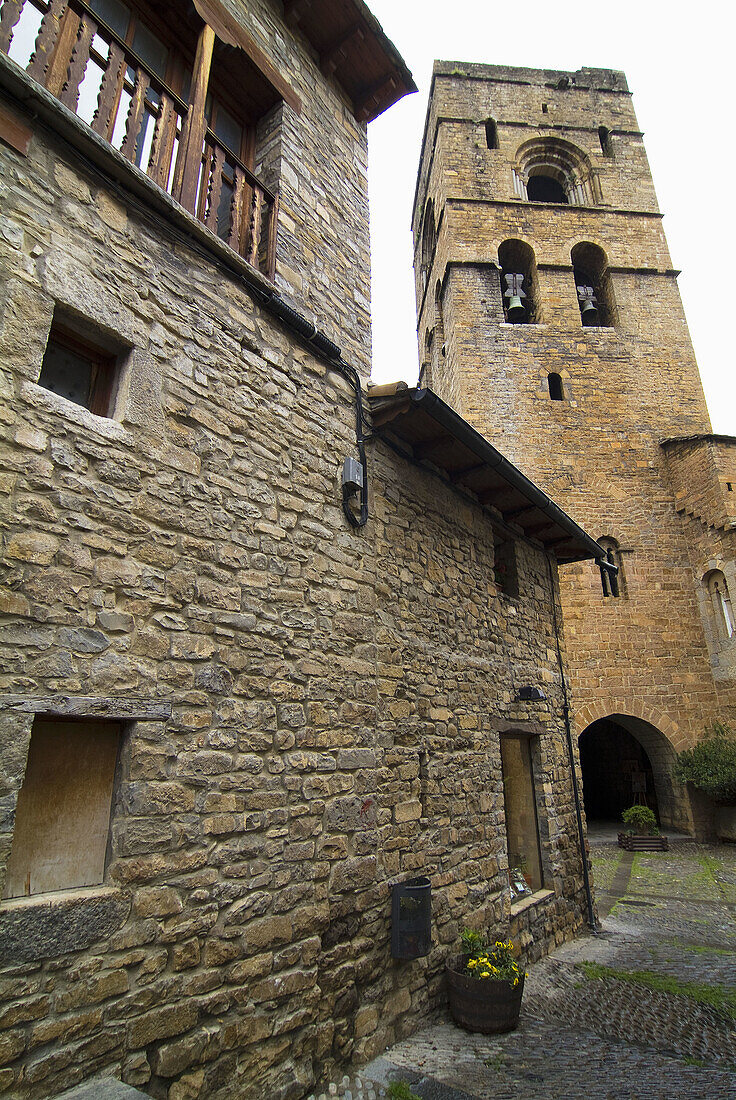 Tower of the parish church of Santa Maria in Ainsa,  Aragon Pyrenees,  Huesca,  Spain