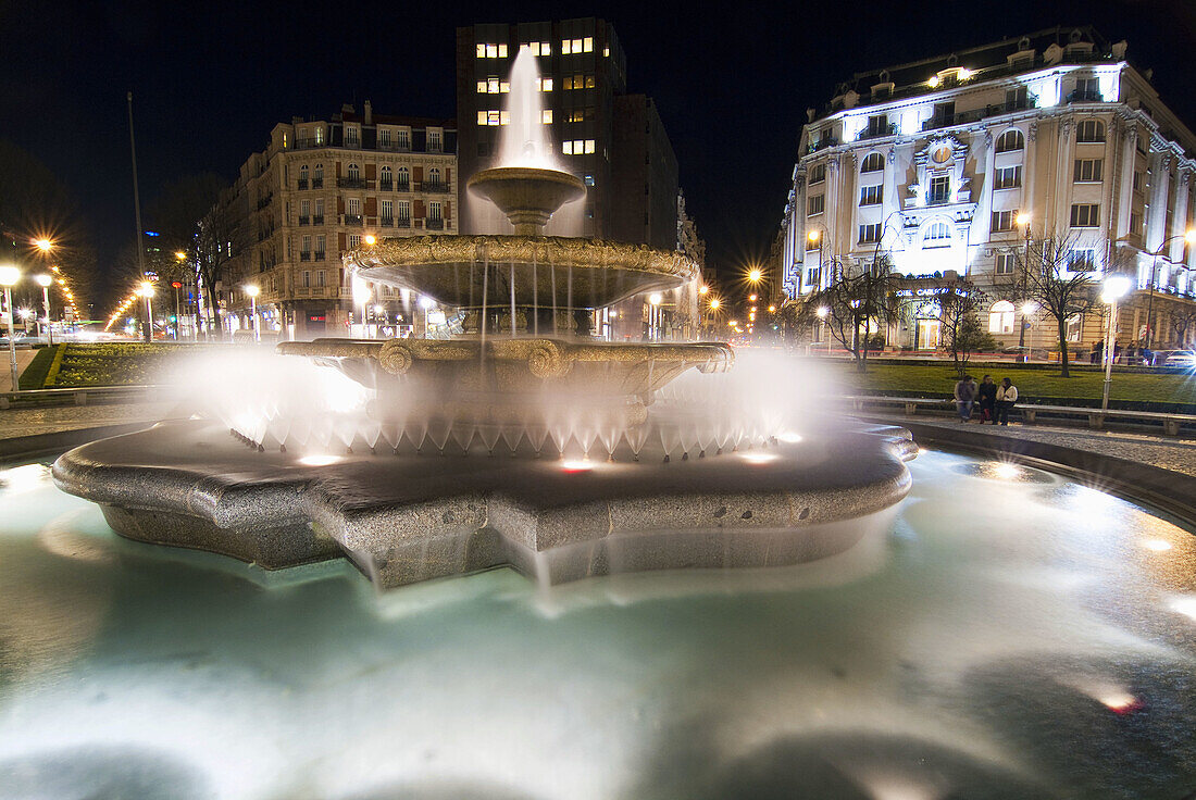 Carlton hotel and fountain in the square Moyua of Bilbao,  Biscay,  Basque Country,  Spain.
