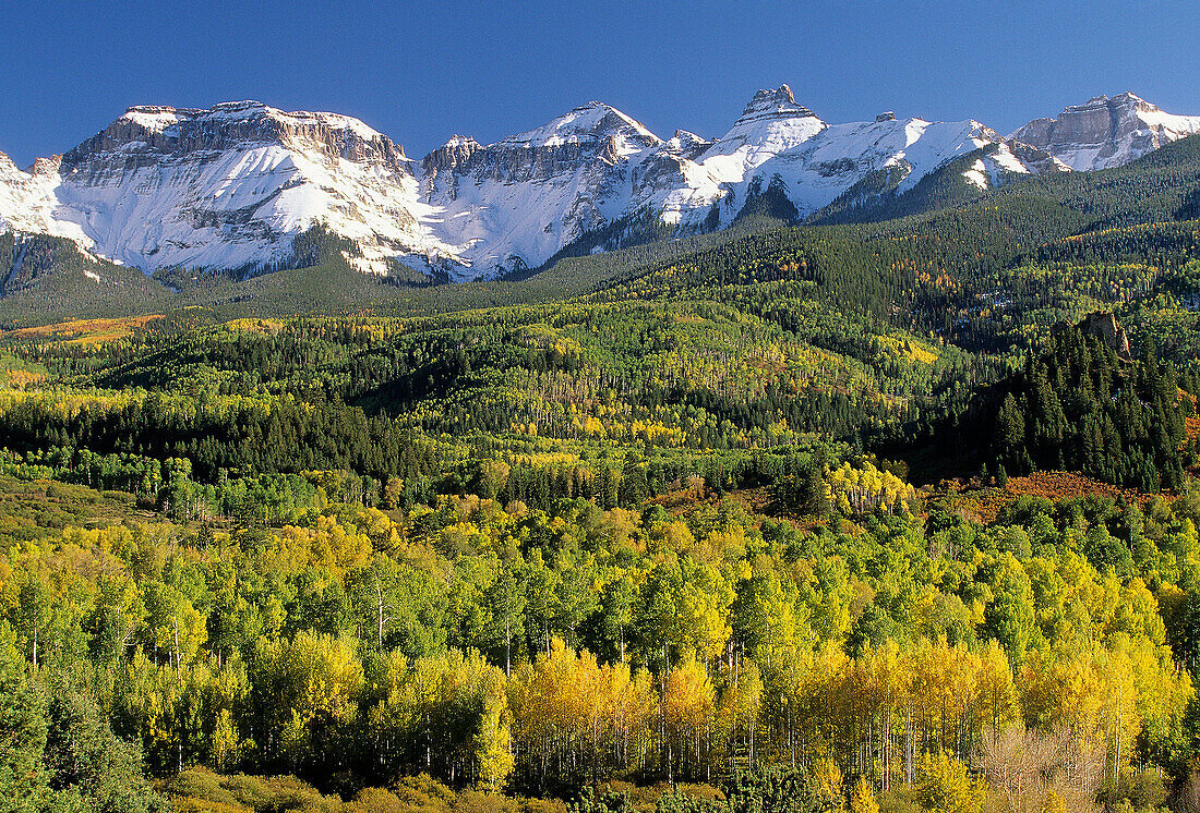 San Juan Mountains Fall colors and alpenglow on Mt Sneffels
