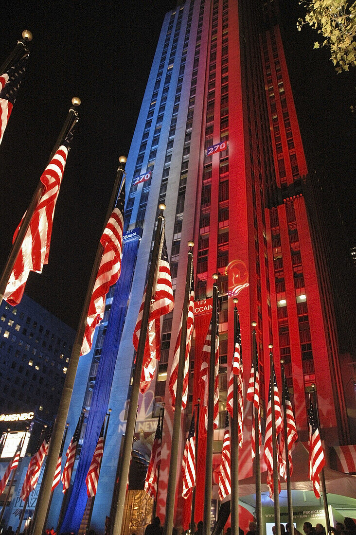 New York City USA,  the Rockefeller Center illuminated in blue Democrats color and red Republicans the night of Obama´s election
