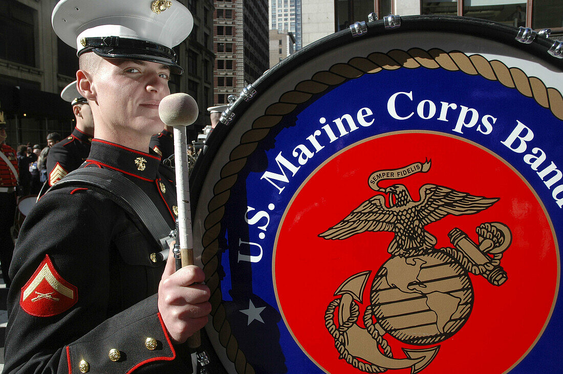 New York City USA,  a Marine corps band drummer at the Veterans Day parade