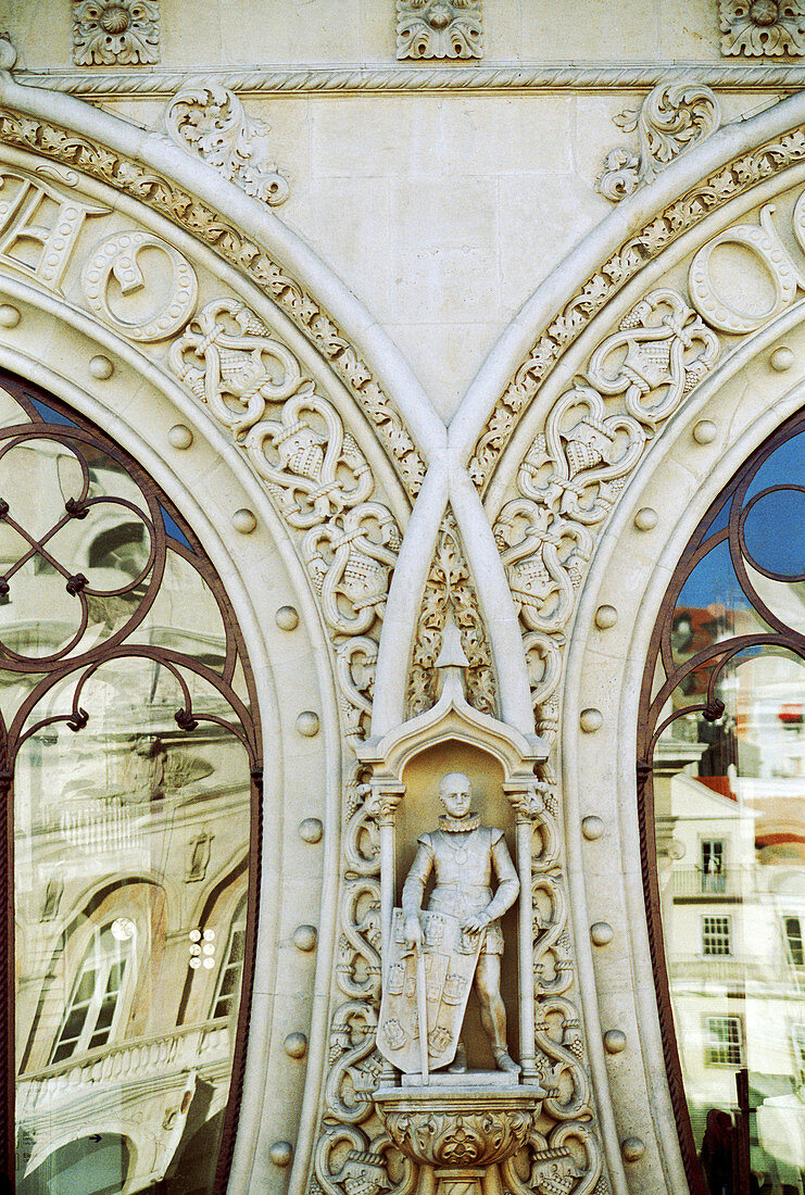 Portugal,  Lisbon,  Baixa,  Former Rossio Train Station,  Detail Facade,  Statue