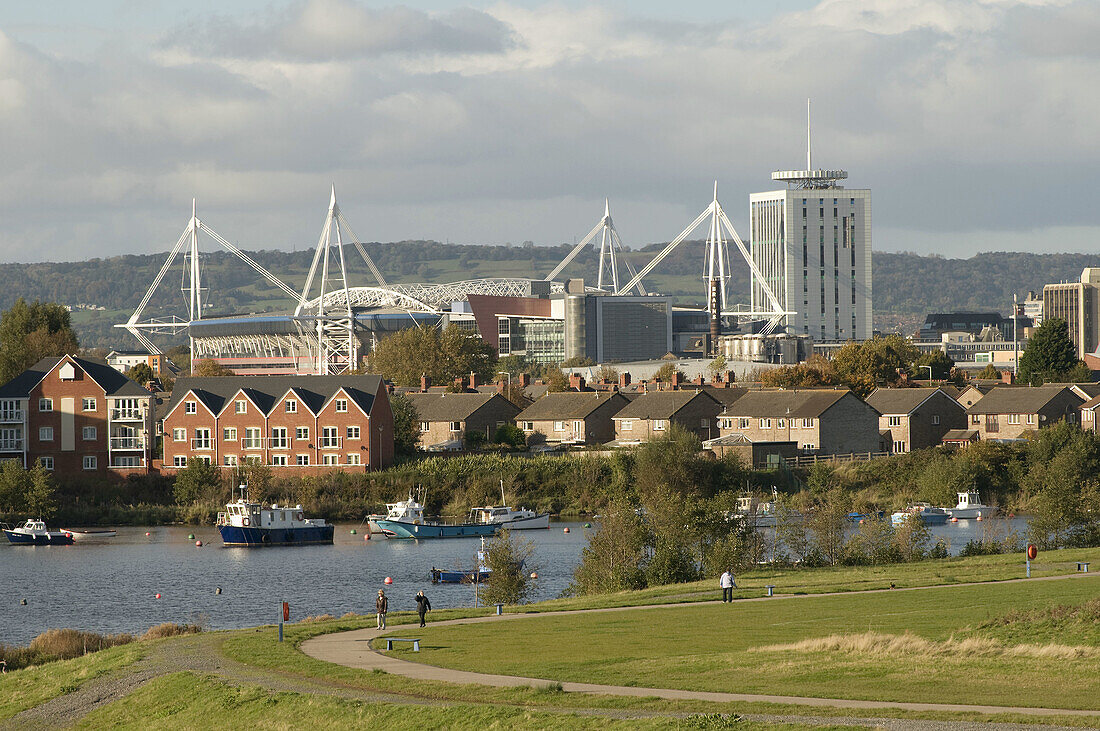 Cardiff city skyline seen from the bay,  with the Millennium Stadium