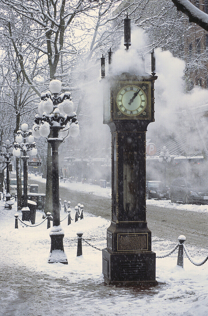 Gastown steam clock in snow,  Gastown,  Vancouver,  British Columbia,  Canada