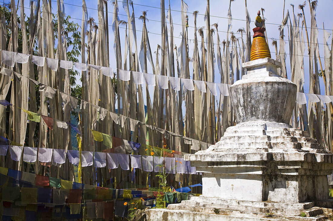 India,  Sikkim,  Tashiding,  Tashiding Gompa,  Chortens and prayer flags