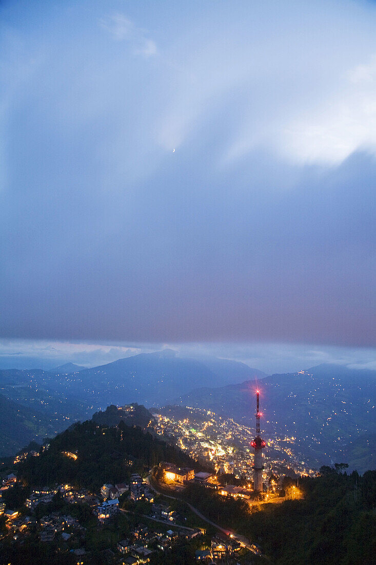 India,  Sikkim,  Gangtok,  View of city and Telecommunications tower from Ganesh Tok viewpoint