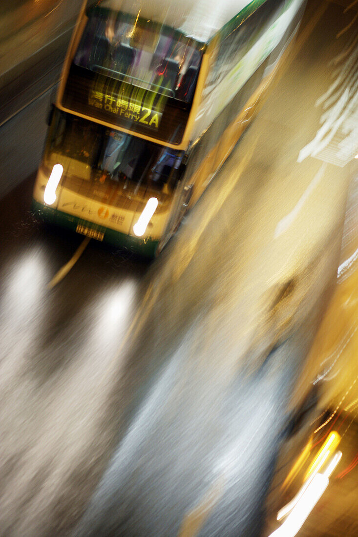 Blurred city bus moving in high speed on the street in Wanchai (Wan Chai),  Hong Kong,  China,  Southeast Asia