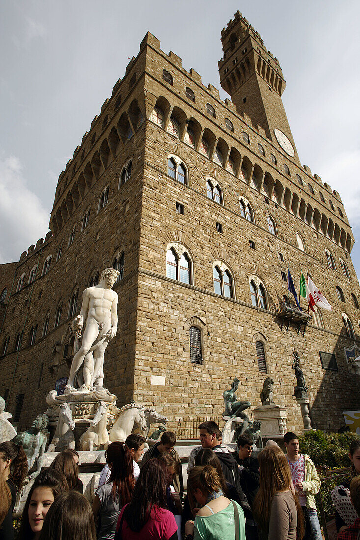 Palazzo Vecchio and the statue of Neptune at the Piazza della Signoria seen from frog´s perspective,  Florence (Firenze),  Tuscany,  Italy,  Southern Europe