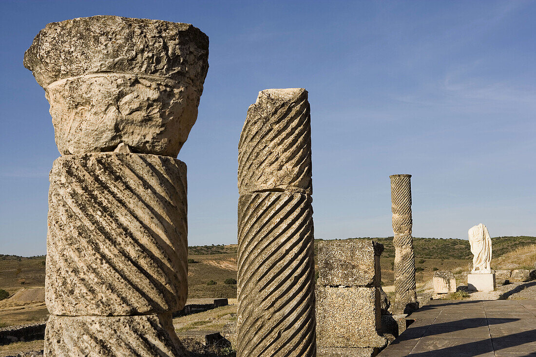 Saelices Provincia de Cuenca Castilla la Mancha España Parque arqueológico de Segóbriga Ciudad Romana Columnas estriadas en la escena del teatro