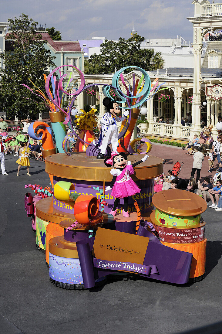 Mickey Mouse and Minnie Mouse on Float in Parade at Walt Disney Magic Kingdom Theme Park Orlando Florida Central