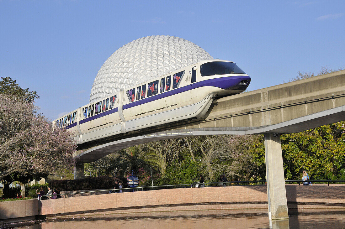 Monorail approaches Spaceship Earth at Walt Disney World Epcot Theme Park Center Orlando Florida Central