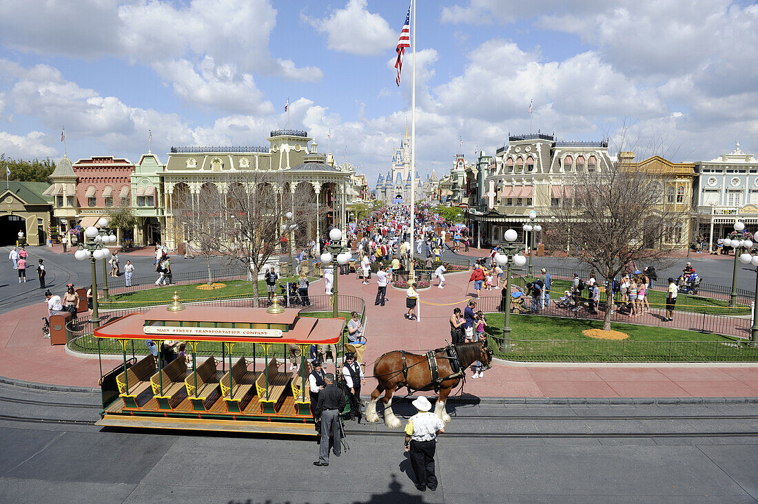 View of Main Street at Walt Disney Magic Kingdom Theme Park Orlando Florida Central from the Train Station