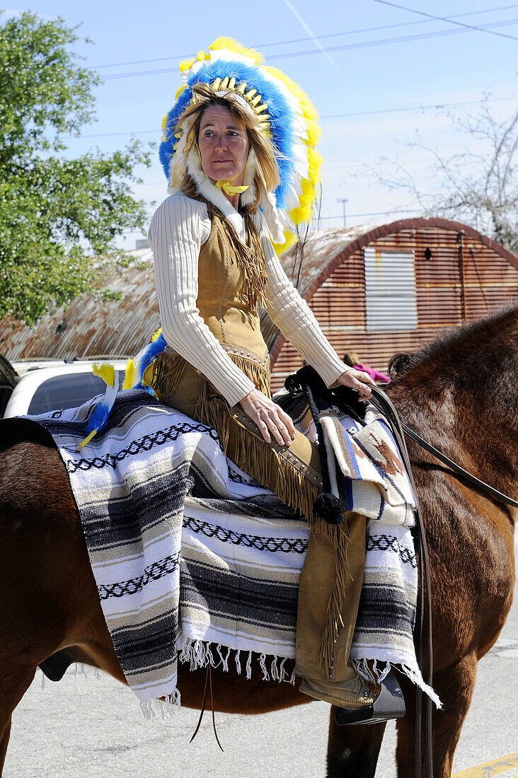 Native American on horse in Strawberry Festival Parade Plant City Florida