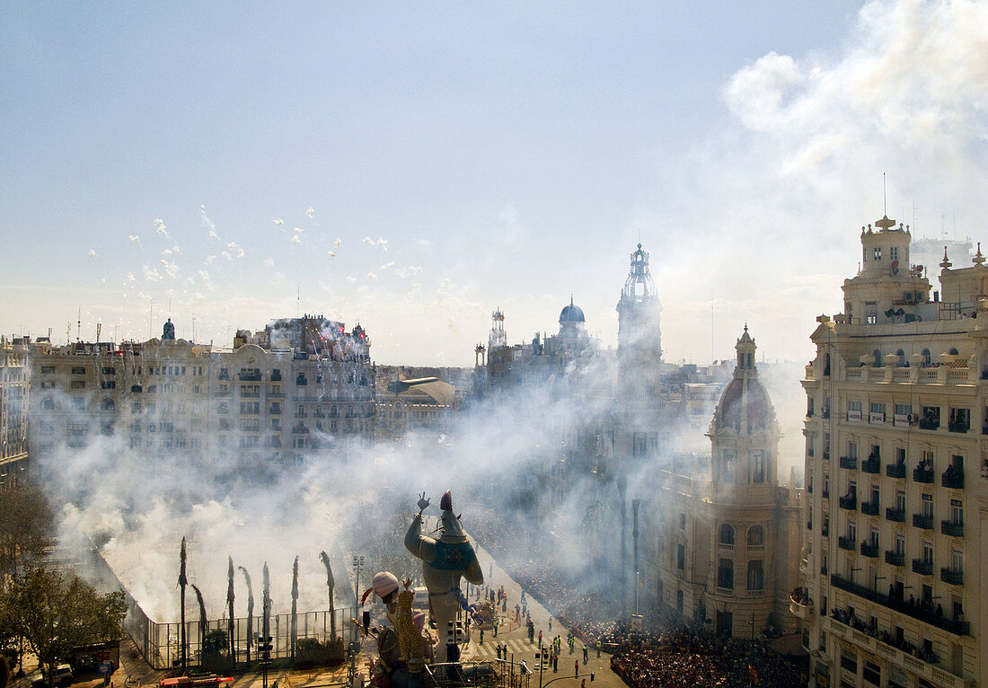Smoke over City Hall Square during ´mascletà´ fireworks,  ´Fallas´ festival,  Valencia. Comunidad Valenciana,  Spain,  2008