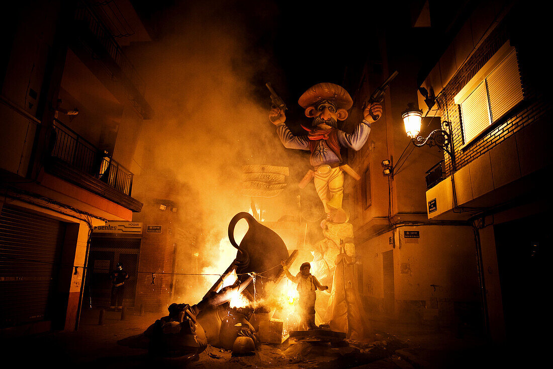 Burning ´Fallas´ at night,  Valencia. Comunidad Valenciana,  Spain