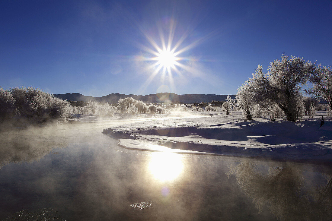 winter landscape with hoarfrost,  steeming river,  brilliant sunshine and blue sky,  Utah,  USA