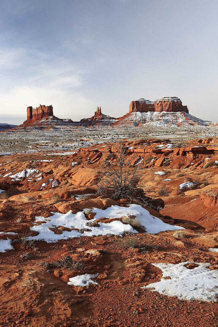 Monument Valley in winter,  eroded rock leaving monolits and buttes,  Utah,  USA