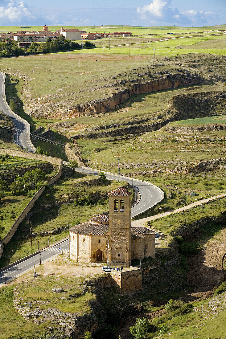 Church of the Vera Cruz (12h century) and Zamarramala village in background,  Segovia. Castilla-Leon,  Spain