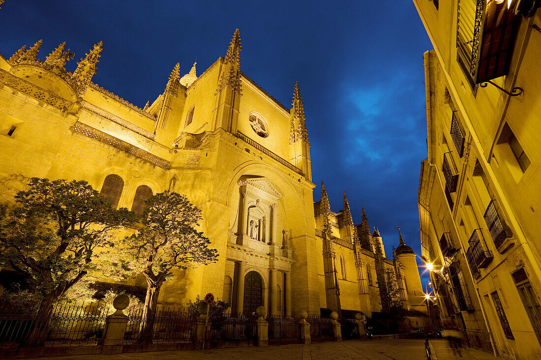 Marques del Arco street and Cathedral at night,  Segovia. Castilla-Leon,  Spain