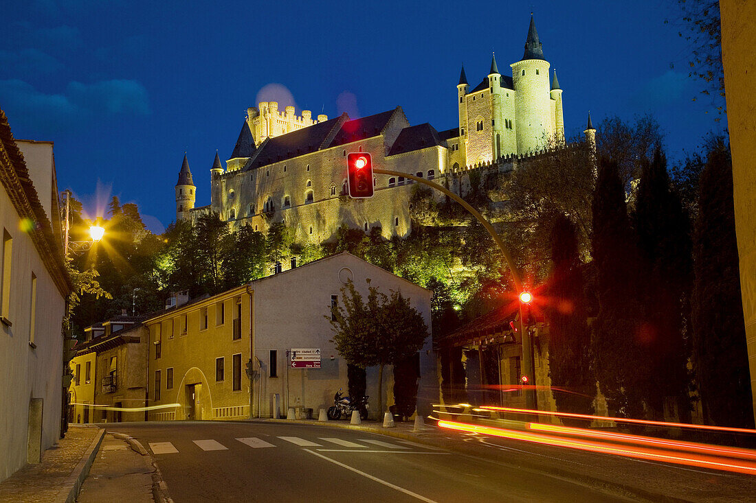 Alcazar fortress from San Marcos neighbourhood at night,  Segovia. Castilla-Leon,  Spain