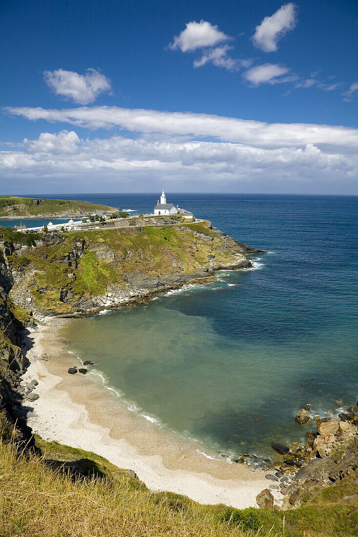 Beach and Ermita de la Atalaya (Aka Ermita de la Virgen blanca). Luarca. Asturias. Spain.