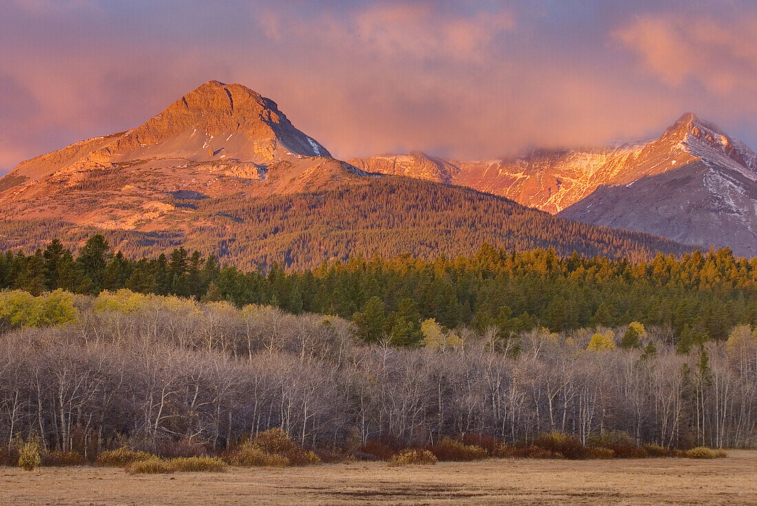 Dawn on the Rocky Mountain Front Ranges of Glacier National Park Montana USA