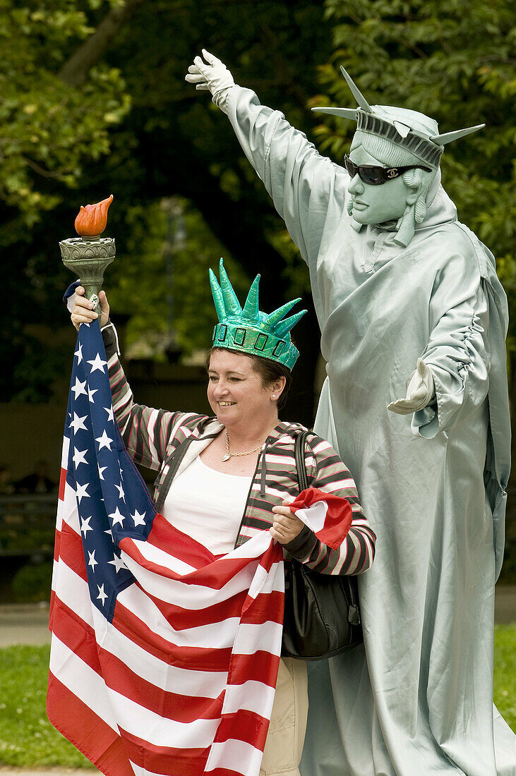 Liberty living statue for tourist at Battery Park,  Lower Manhattan,  New York,  USA,  2008