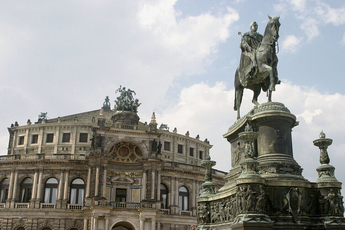 Semper Opera and equestrian statue of King Johann of Saxony in Theaterplatz. Dresden. Germany