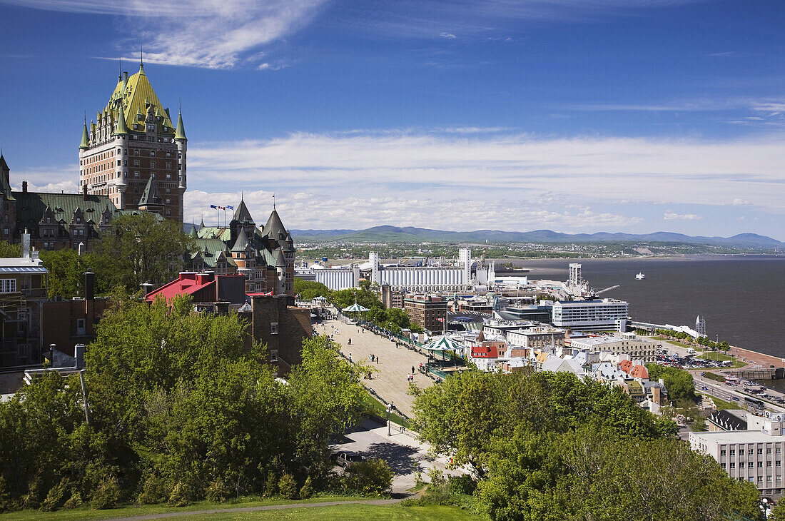 Chateau Frontenac with view of dufferin terrace and lower town,  Quebec City,  Quebec,  Canada