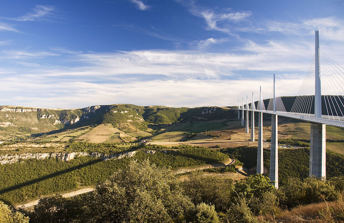 France,  Midi Pyrenees,  Aveyron The Millau Viaduct is the tallest vehicular bridge in the world,  with one mast´s summit at 343 metres It goes through the Tarn river valley near Millau Designed by the structural engineer Michel Virlogeux