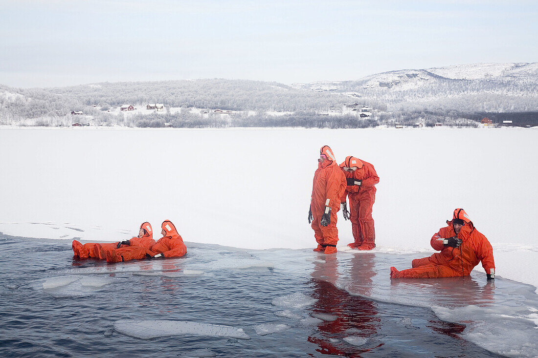 Norway,  Kirkeness,  near to the Russian border Jarfjord Fiord Frozen water swimming