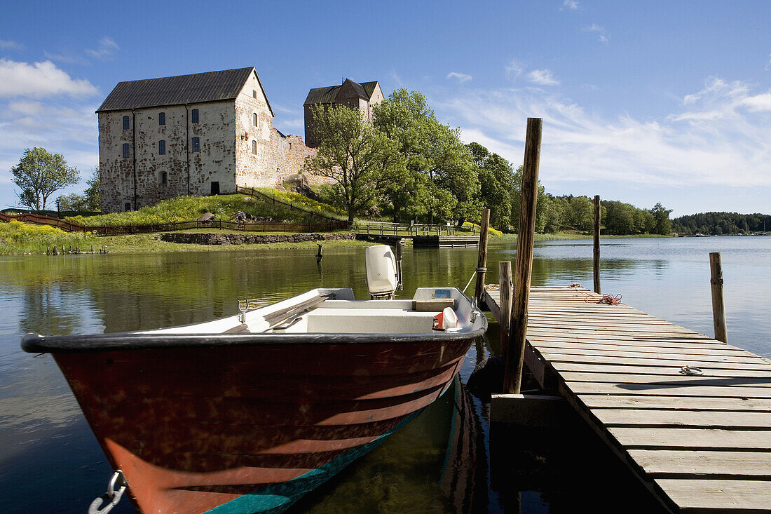 Finland,  Aland Island,  Sund Kastelholm Castle Small dock and lake