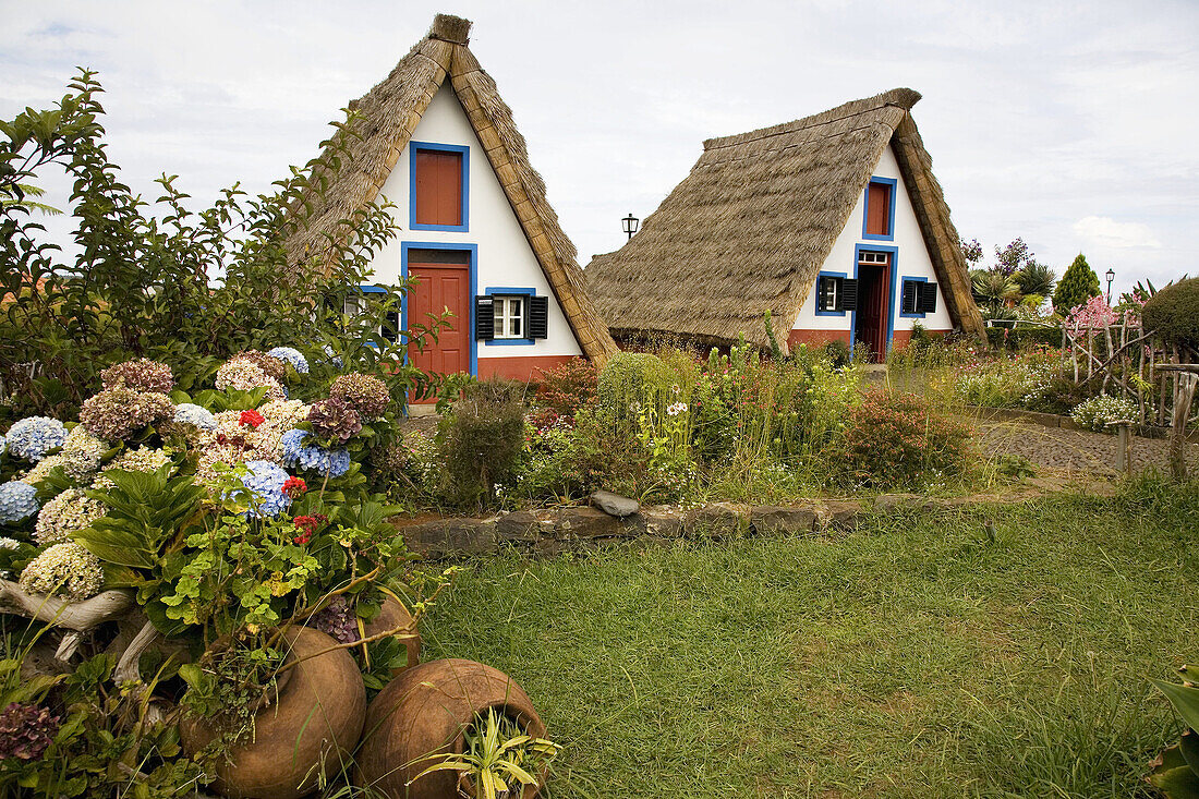 Portugal,  Madeira Islands Santana Palheiros: typical straw roof houses