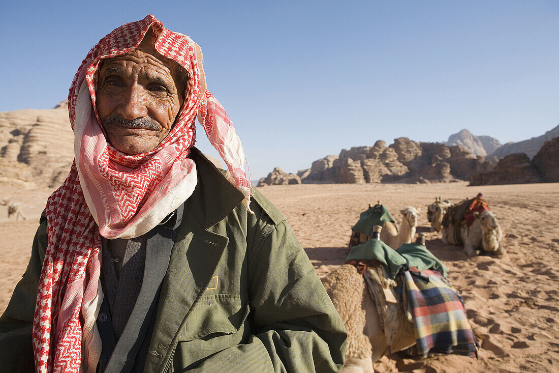 Jordan,  Wadi Rum Desert Bedouin,  dromedaries and lanscape