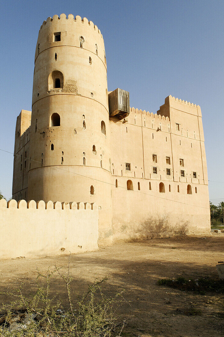 historic adobe fortification Bait Na´aman or Bait an Naman Fort or Castle near Barka,  Batinah Region,  Sultanate of Oman,  Arabia,  Middle East