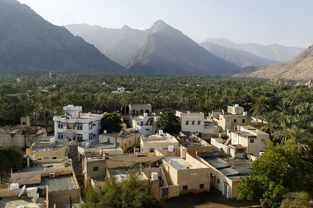 view over Nakhal,  Nakhl oasis,  Hajar al Gharbi Mountains,  Batinah Region,  Sultanate of Oman,  Arabia,  Middle East
