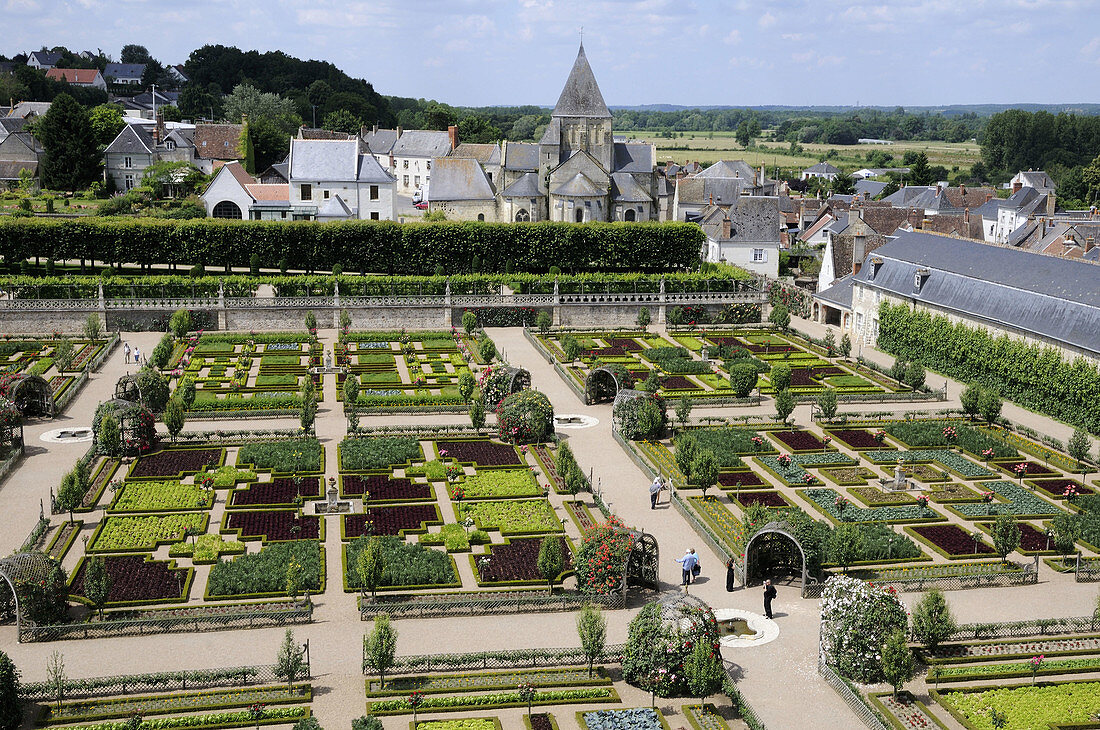 France,  Villandry 37  Decorative vegetable garden in Villandry castle gardens,  view from the top of the keep