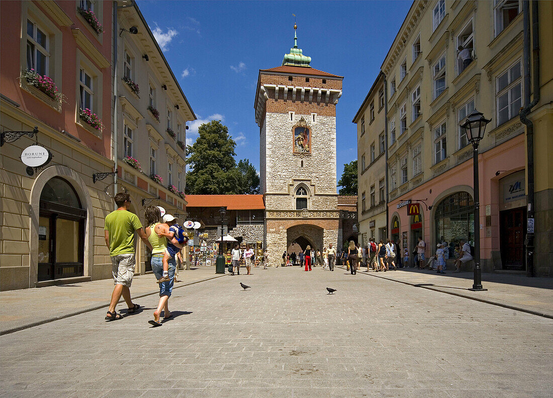 Poland,  Krakow,  Florianska street with Florian´s Gate