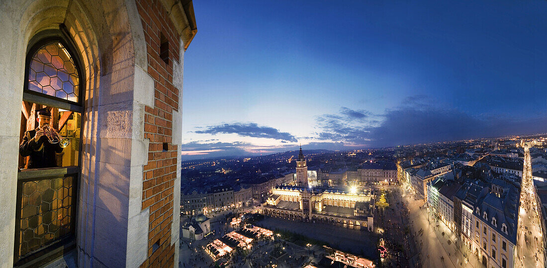 Every hour trumpeter plays anthem from St Mary´s Church Tower,  Krakow Poland