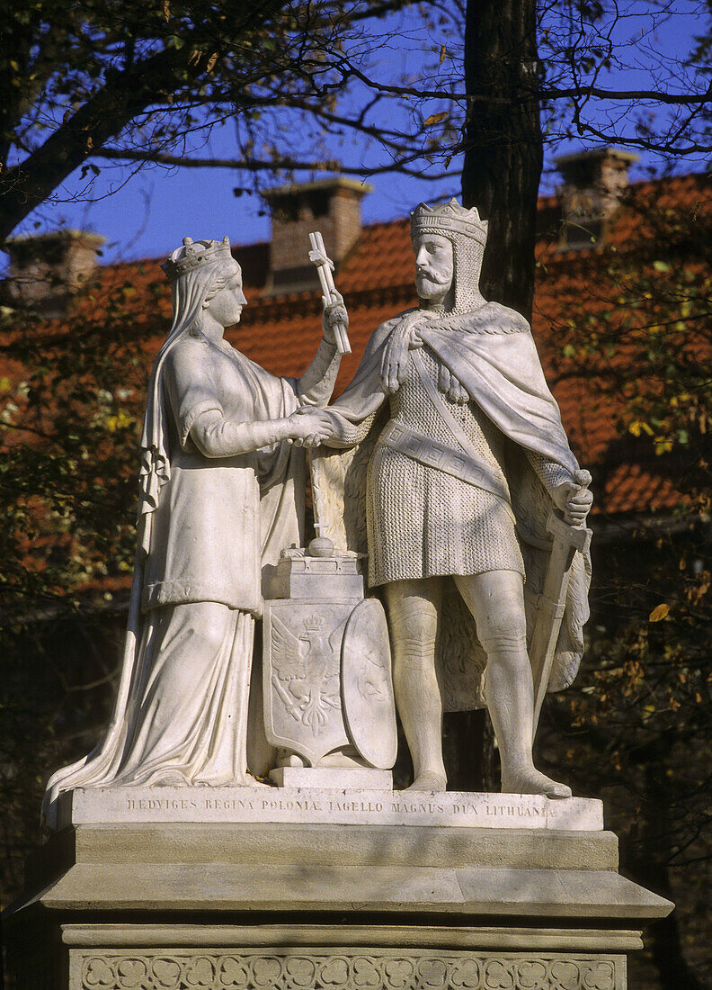 Poland Krakow,  Monument to queen Jadwiga and King Jagiello at Planty,  walkaway park around Old Town