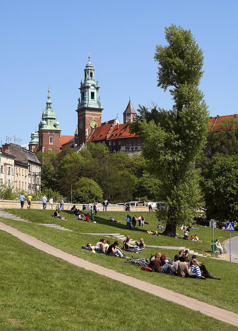 Poland,  Krakow,  people resting by Vistula river,  Wawel Hill