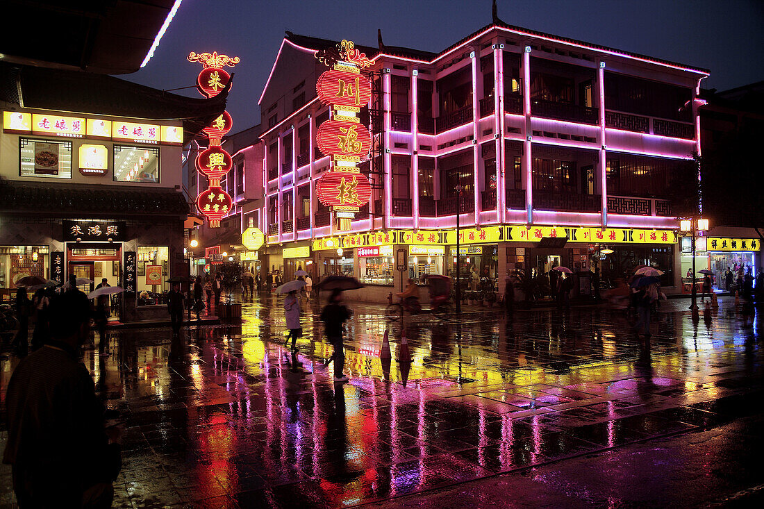 China,  Jiangsu Province,  Suzhou,  street scene at night