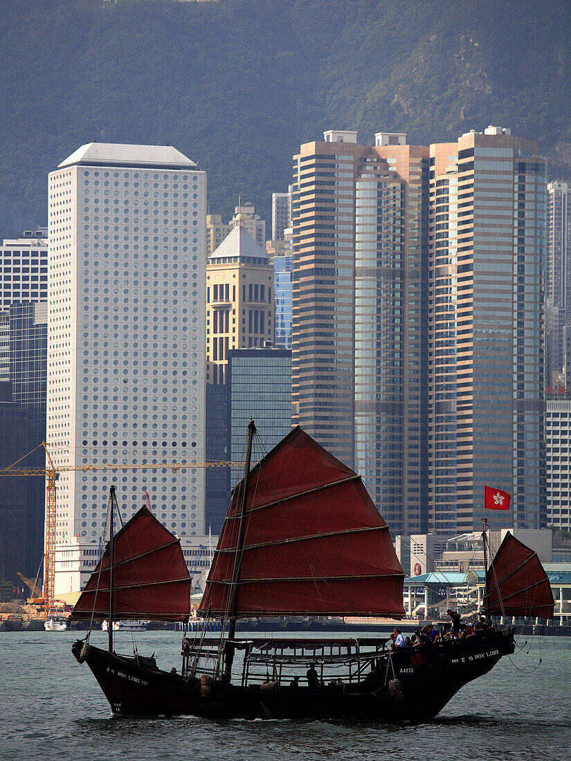 China,  Hong Kong,  traditional junk sailboat in the harbor