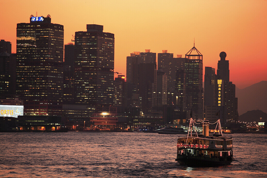 China,  Hong Kong,  Sheung Wan district skyline at dusk,  harbour