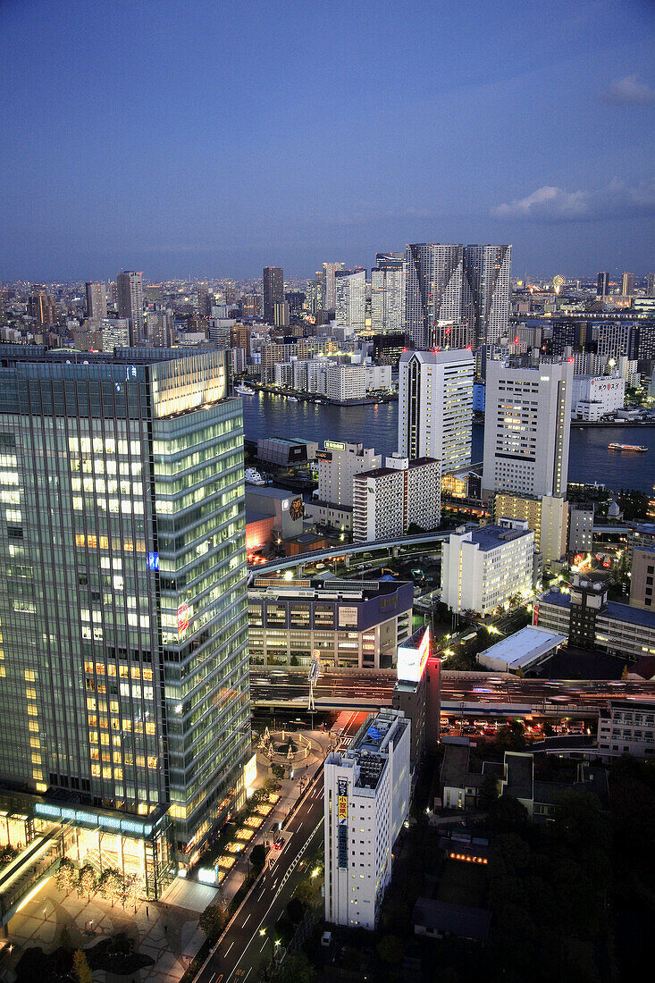 Japan,  Tokyo,  harbour area skyline at night,  general aerial view