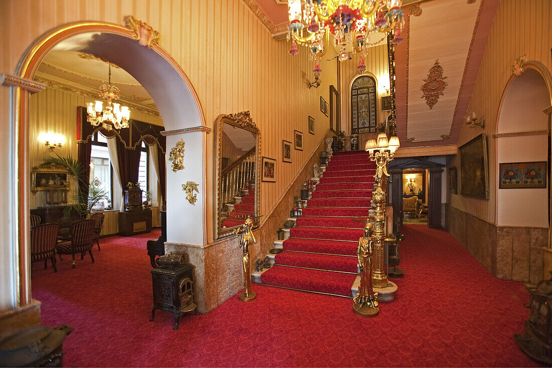 Grand Hotel de Londres, Londra Oteli, hotel lobby, and staircase, hotel featured in Fatih Akin films, Istanbul, Turkey