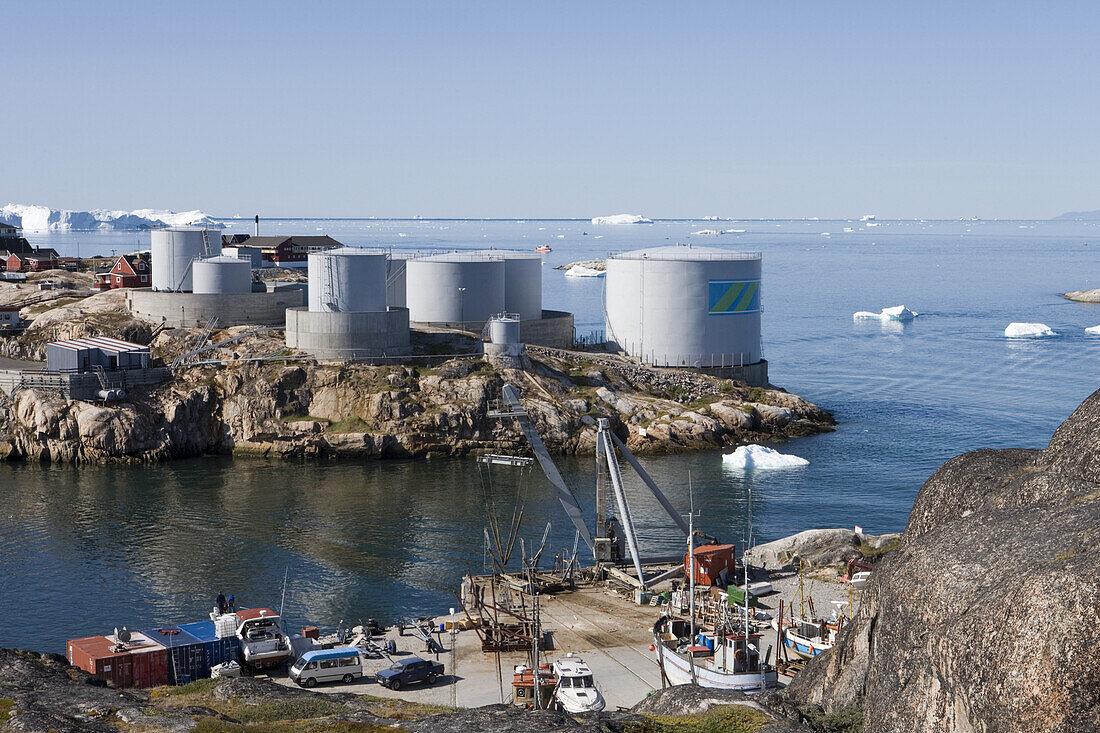 Oil tanks at harbour entrance, Ilulissat (Jakobshavn), Disko Bay, Kitaa, Greenland